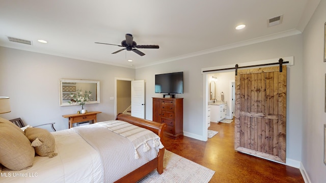 bedroom featuring ceiling fan, ensuite bathroom, ornamental molding, and a barn door