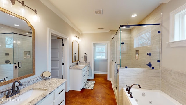 bathroom with plus walk in shower, concrete flooring, ornamental molding, and vanity