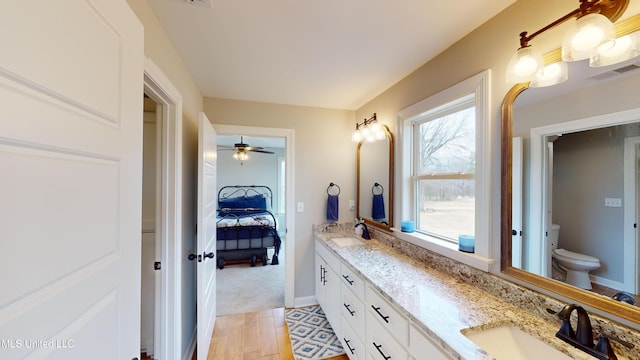 bathroom with toilet, hardwood / wood-style flooring, and vanity