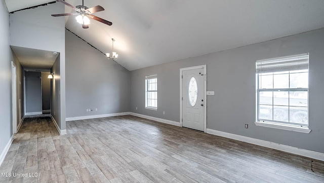 8 Skeeter Ln, Carriere, MS 39426 - foyer entrance featuring ceiling fan, wood finished floors, baseboards, and high vaulted ceiling