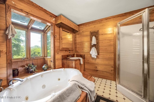 bathroom with a skylight, wood walls, and plus walk in shower