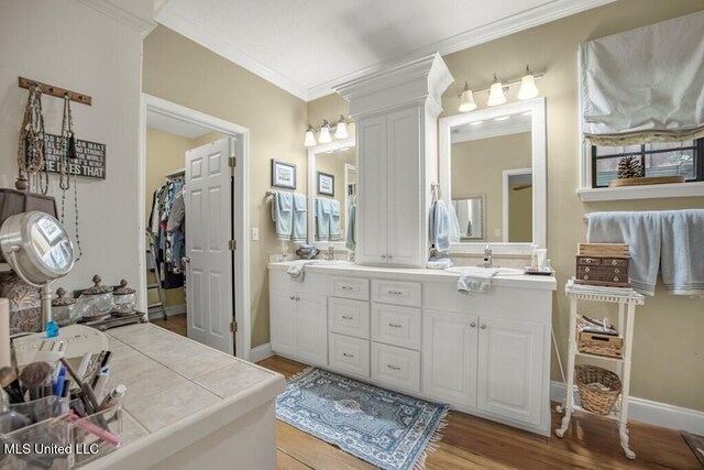 bathroom featuring vanity, wood-type flooring, and crown molding