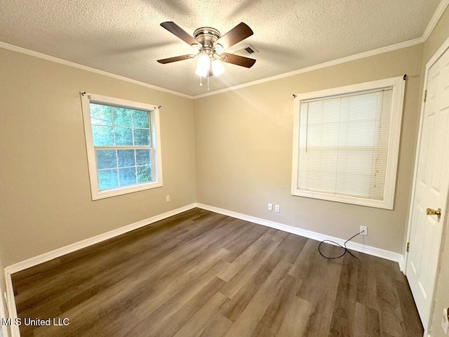 5448 Crepe Myrtle Dr, Jackson, MS 39206 - empty room featuring dark wood finished floors, a textured ceiling, ceiling fan, baseboards, and ornamental molding