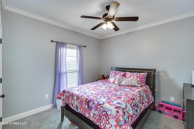 bedroom with crown molding, ceiling fan, and carpet floors