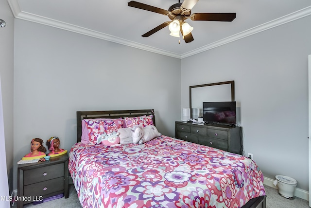 bedroom featuring ornamental molding, light colored carpet, and ceiling fan