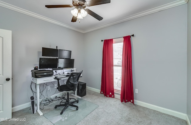 office featuring crown molding, light colored carpet, and ceiling fan