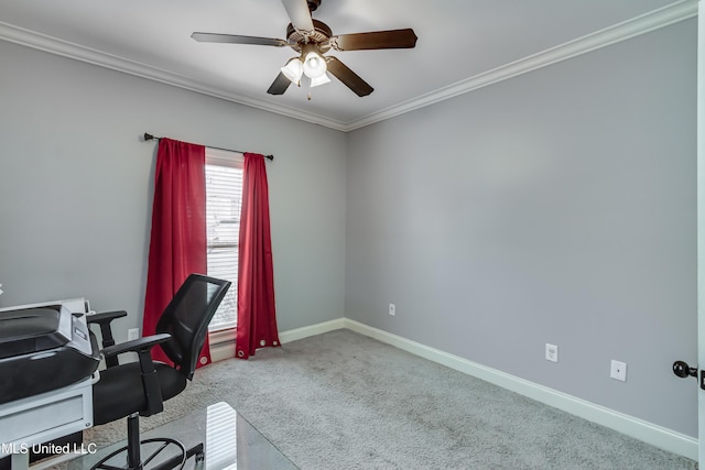 home office featuring crown molding, carpet floors, and ceiling fan