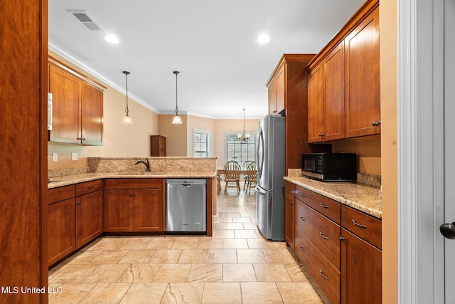 kitchen with crown molding, brown cabinetry, visible vents, a peninsula, and appliances with stainless steel finishes