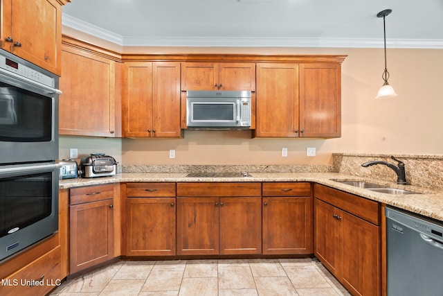 kitchen featuring brown cabinetry, appliances with stainless steel finishes, ornamental molding, and a sink
