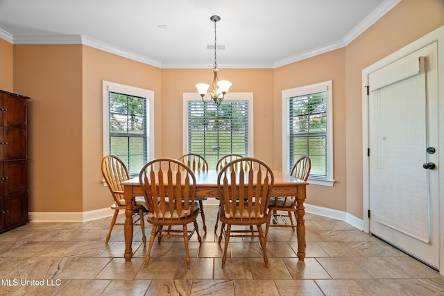 dining room featuring crown molding, a chandelier, a wealth of natural light, and stone tile flooring