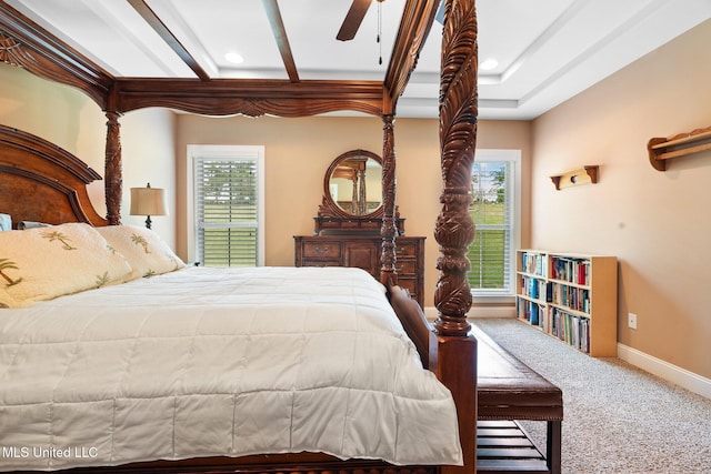 bedroom featuring carpet flooring, recessed lighting, baseboards, and a ceiling fan