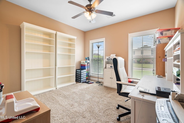 office space featuring carpet floors and a ceiling fan