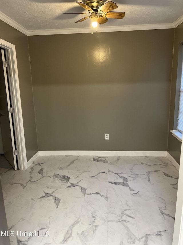 unfurnished room with a textured ceiling, ceiling fan, and crown molding