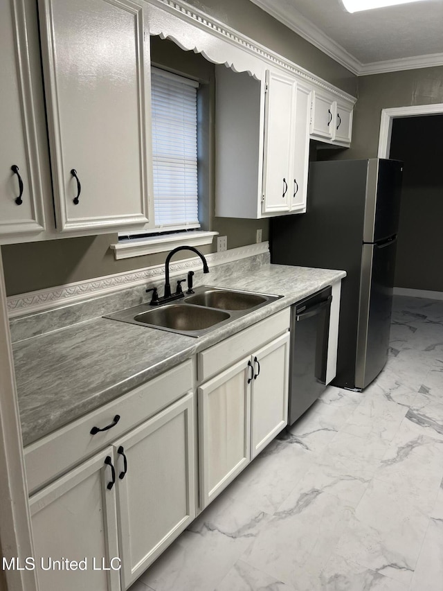 kitchen with sink, ornamental molding, black dishwasher, white cabinetry, and stainless steel refrigerator