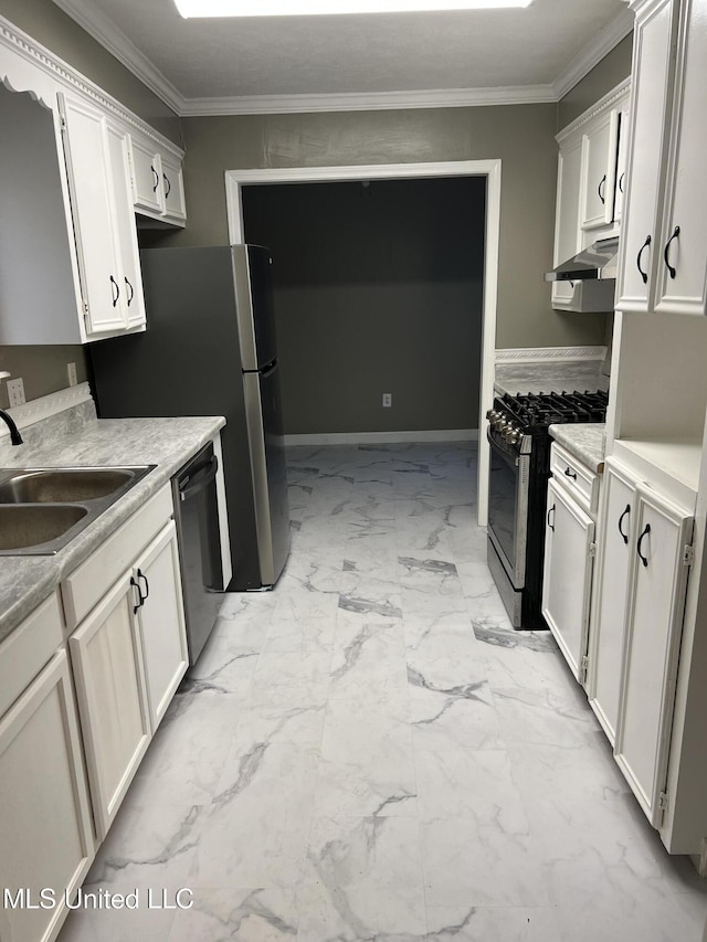 kitchen with white cabinetry, sink, ornamental molding, and appliances with stainless steel finishes