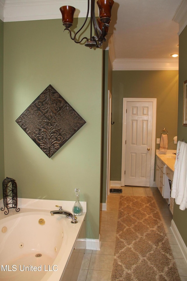 709 Oak Trl, Canton, MS 39046 - bathroom with crown molding, tile patterned floors, a jetted tub, vanity, and a chandelier