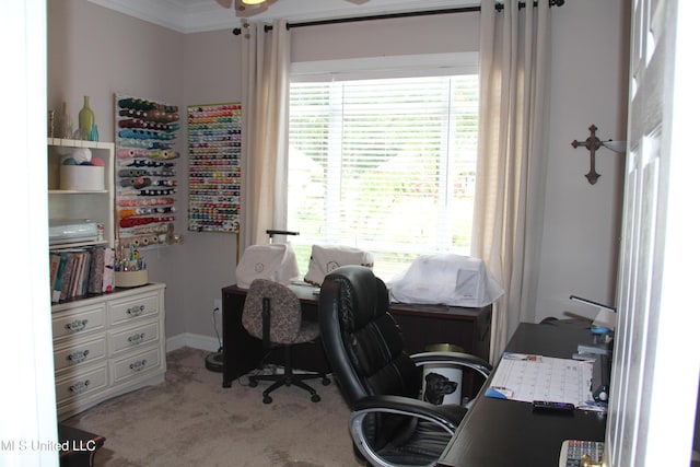 709 Oak Trl, Canton, MS 39046 - carpeted home office with ornamental molding, plenty of natural light, and ceiling fan
