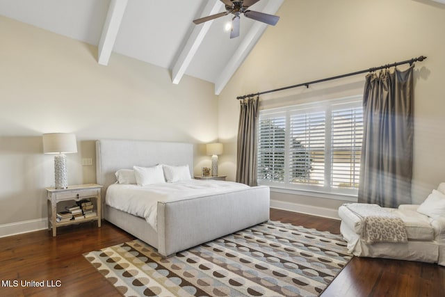 bedroom with beamed ceiling, wood finished floors, baseboards, and high vaulted ceiling