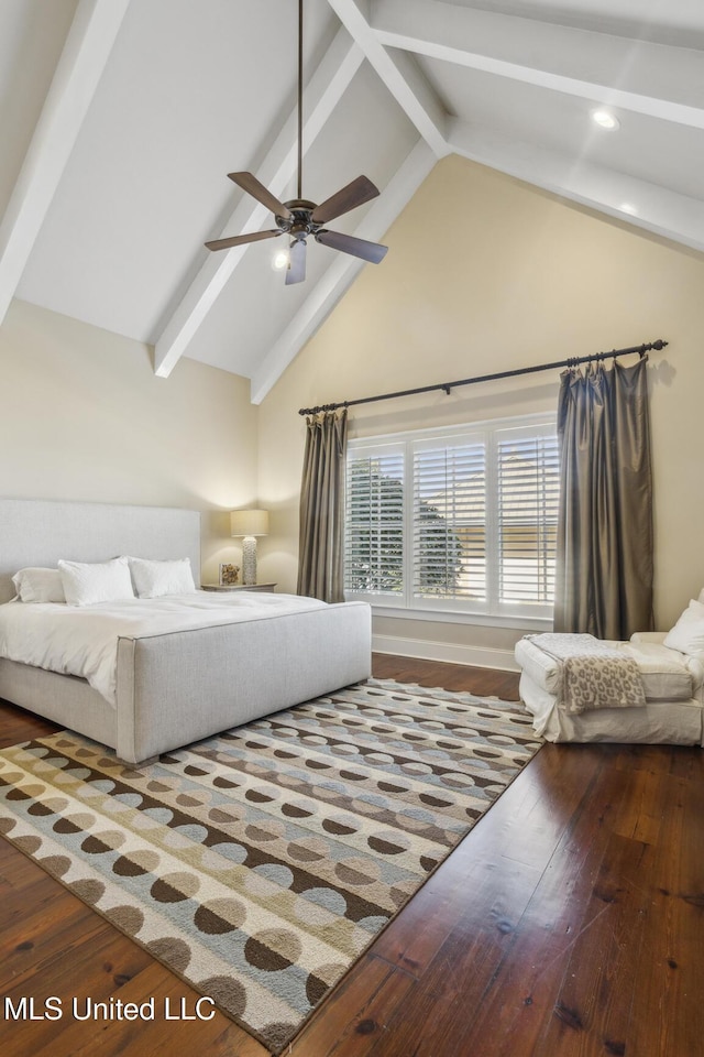 bedroom with beamed ceiling, high vaulted ceiling, and hardwood / wood-style flooring