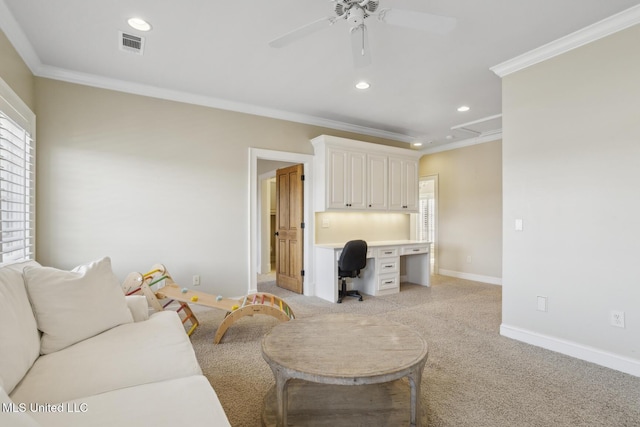 living area with baseboards, visible vents, recessed lighting, ornamental molding, and light carpet