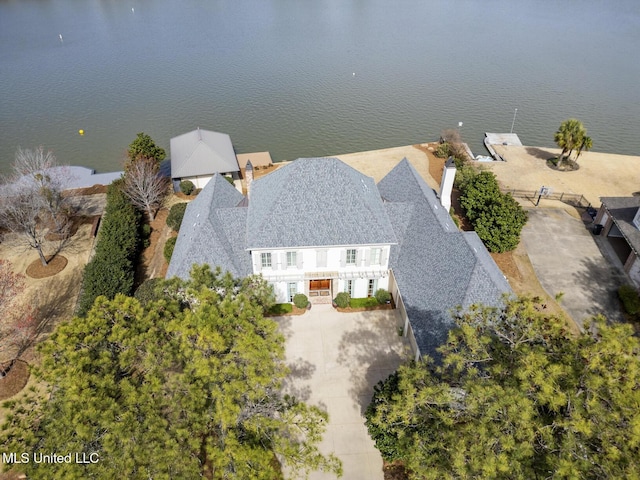 aerial view featuring a water view