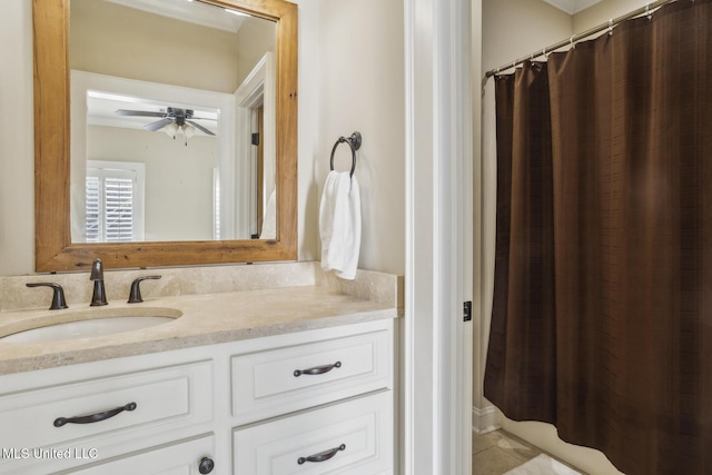 full bath with vanity, a shower with shower curtain, and ceiling fan