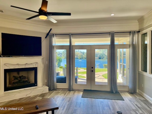 doorway to outside featuring plenty of natural light, a water view, and light wood-type flooring