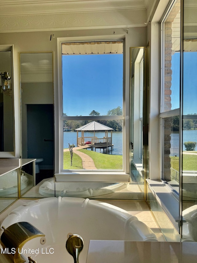 entryway with a water view and crown molding