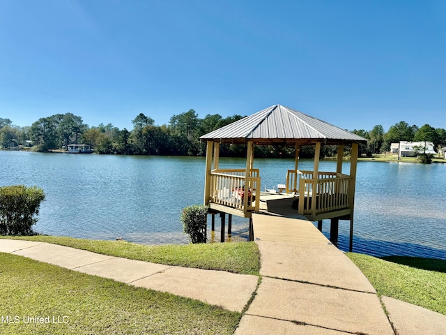 dock area featuring a gazebo and a water view