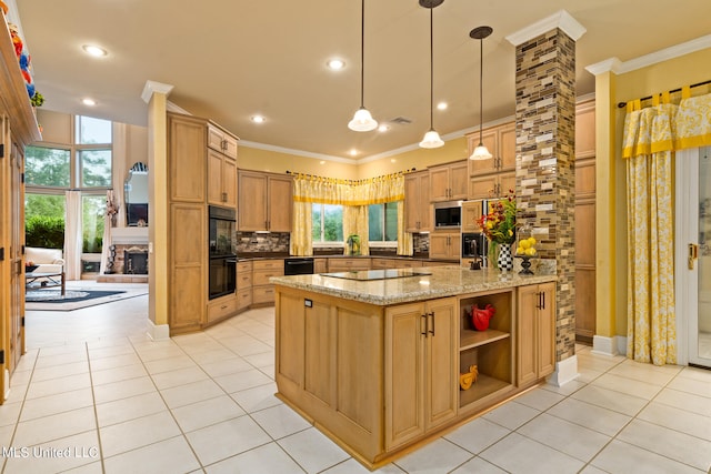 19592 Champion Cir, Gulfport, MS 39503 - kitchen featuring backsplash, ornamental molding, light tile patterned flooring, open shelves, and black appliances