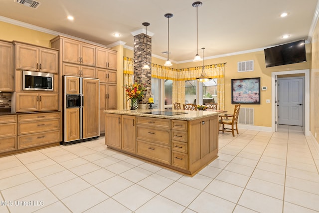19592 Champion Cir, Gulfport, MS 39503 - kitchen with built in appliances, ornamental molding, light tile patterned floors, hanging light fixtures, and a kitchen island