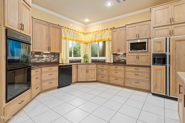 19592 Champion Cir, Gulfport, MS 39503 - kitchen featuring black appliances, light brown cabinets, backsplash, a sink, and crown molding