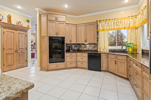 19592 Champion Cir, Gulfport, MS 39503 - kitchen featuring black appliances, a sink, tasteful backsplash, light tile patterned floors, and ornamental molding