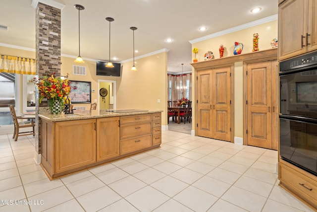 19592 Champion Cir, Gulfport, MS 39503 - kitchen featuring black appliances, ornamental molding, light tile patterned floors, pendant lighting, and light stone counters