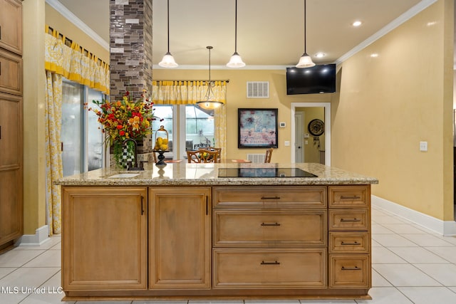 19592 Champion Cir, Gulfport, MS 39503 - kitchen with a sink, black electric cooktop, light tile patterned flooring, a center island, and ornamental molding
