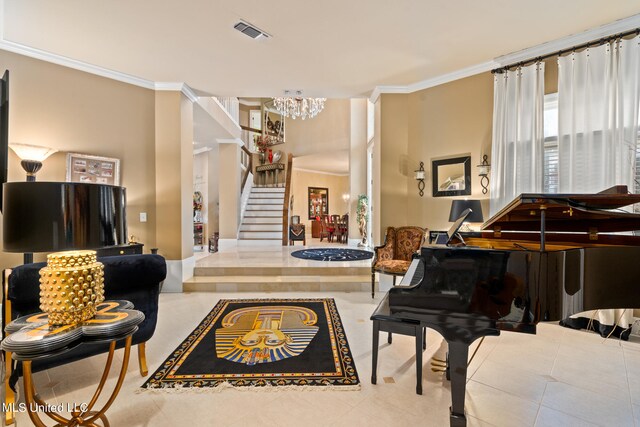 19592 Champion Cir, Gulfport, MS 39503 - living area with stairway, ornamental molding, a chandelier, and tile patterned floors