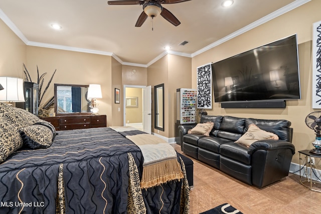 19592 Champion Cir, Gulfport, MS 39503 - bedroom with ornamental molding, recessed lighting, baseboards, wood finished floors, and a ceiling fan