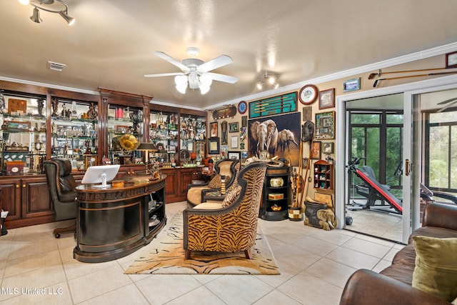 19592 Champion Cir, Gulfport, MS 39503 - tiled office space featuring a ceiling fan, ornamental molding, and a community bar