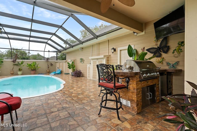 19592 Champion Cir, Gulfport, MS 39503 - view of pool featuring area for grilling, a grill, ceiling fan, a patio, and glass enclosure