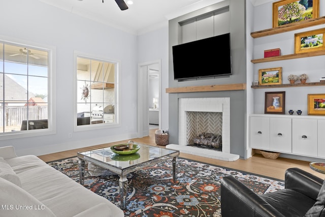 living room featuring crown molding, hardwood / wood-style floors, a fireplace, and ceiling fan