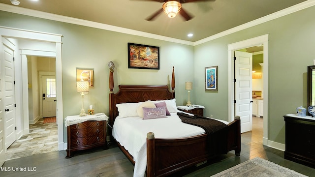 bedroom with ceiling fan and crown molding