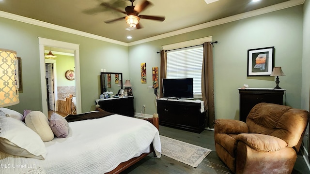 bedroom featuring dark hardwood / wood-style floors, ceiling fan, and crown molding