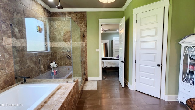 bathroom with tile patterned floors, ceiling fan, plus walk in shower, and ornamental molding