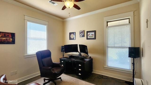 office with hardwood / wood-style flooring, ceiling fan, and crown molding