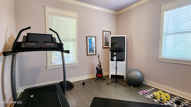 exercise area with hardwood / wood-style flooring and ornamental molding