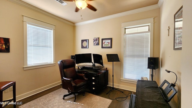 office area with dark hardwood / wood-style floors, ceiling fan, and crown molding