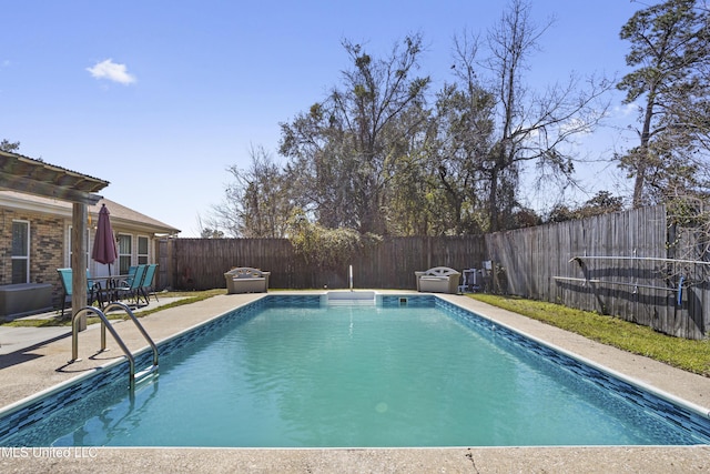 view of swimming pool featuring a fenced in pool, a fenced backyard, and a patio