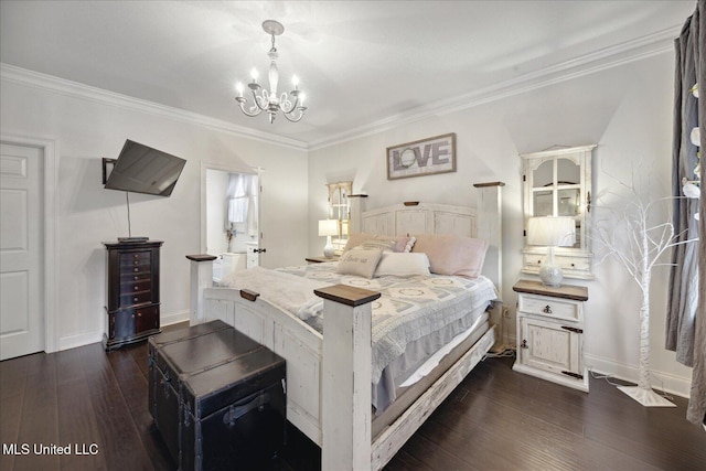 bedroom with dark hardwood / wood-style flooring, a chandelier, and ornamental molding