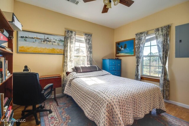 bedroom featuring electric panel, baseboards, multiple windows, and wood finished floors