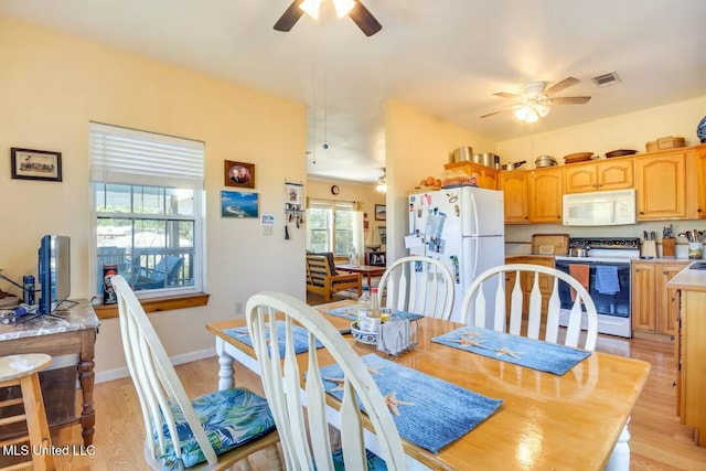 dining space featuring ceiling fan, visible vents, baseboards, and light wood-style flooring